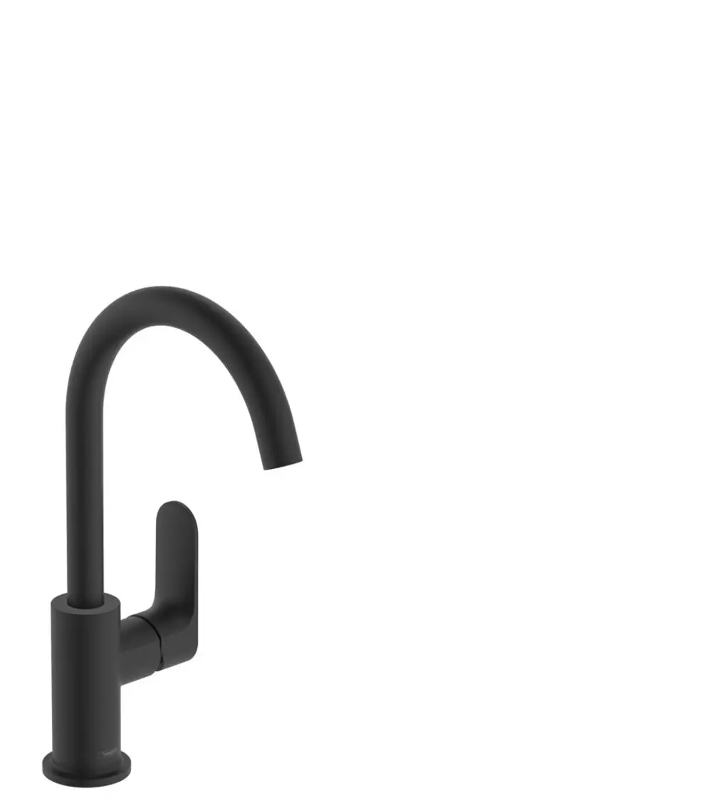 Schwarzer Einhebel-Waschtischmischer von Hansgrohe mit hohem Schwenkauslauf und seitlichem Hebel zur Wassersteuerung, geeignet für moderne Waschbecken.
